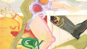 Alberto Hamonet, Carlitos Transcends, 2023, oil, acrylic, watercolor, natural dye, collage, resin, charcaol, chalk on stretch canvas, 90 x 48 inches