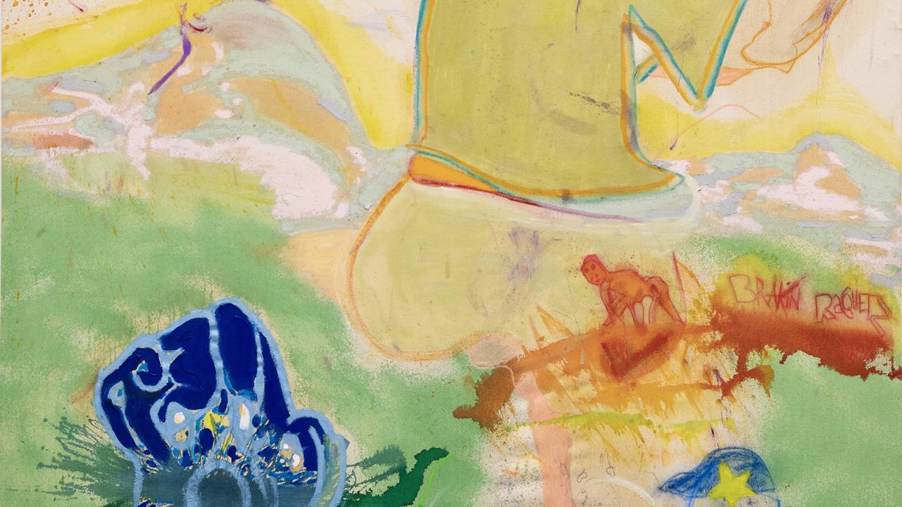 Alberto Hamonet, Breaking Racquets, 2023, oil, acrylic, watercolor, natural dye, chalk, pastel on stretched canvas, 54 x 66 inches