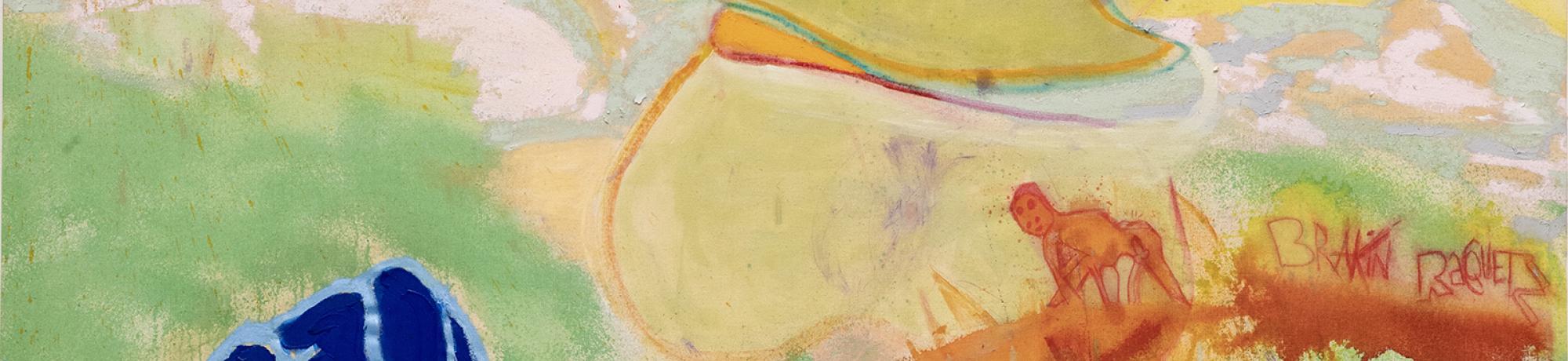 Alberto Hamonet, Breaking Racquets, 2023, oil, acrylic, watercolor, natural dye, chalk, pastel on stretched canvas, 54 x 66 inches
